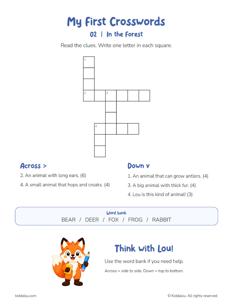 Printable crossword puzzle for kids with simple vocabulary