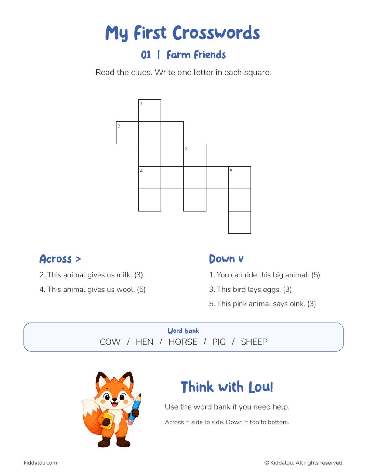 Printable crossword puzzle for kids with simple vocabulary