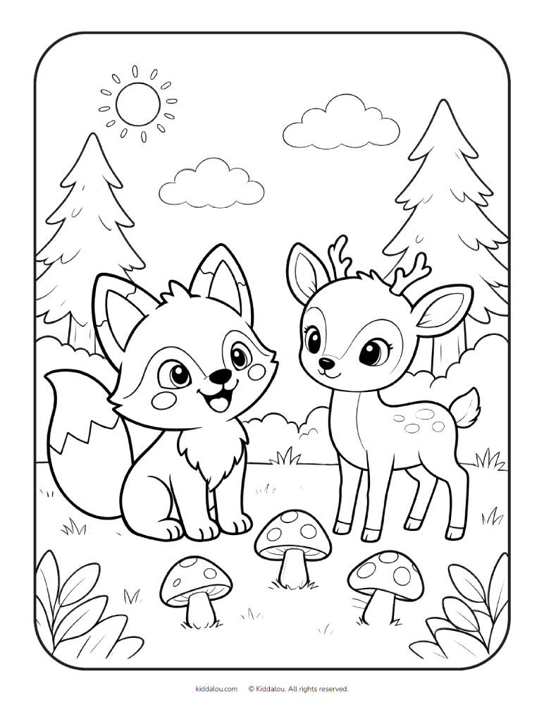 Printable forest coloring page for kids featuring Lou and woodland friends
