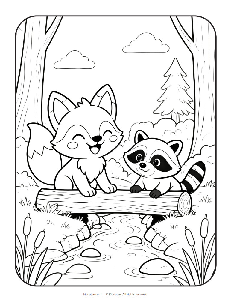 Printable forest coloring page for kids featuring Lou and woodland friends