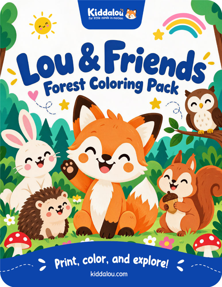 Free printable coloring pages for kids featuring Lou the fox and forest friends