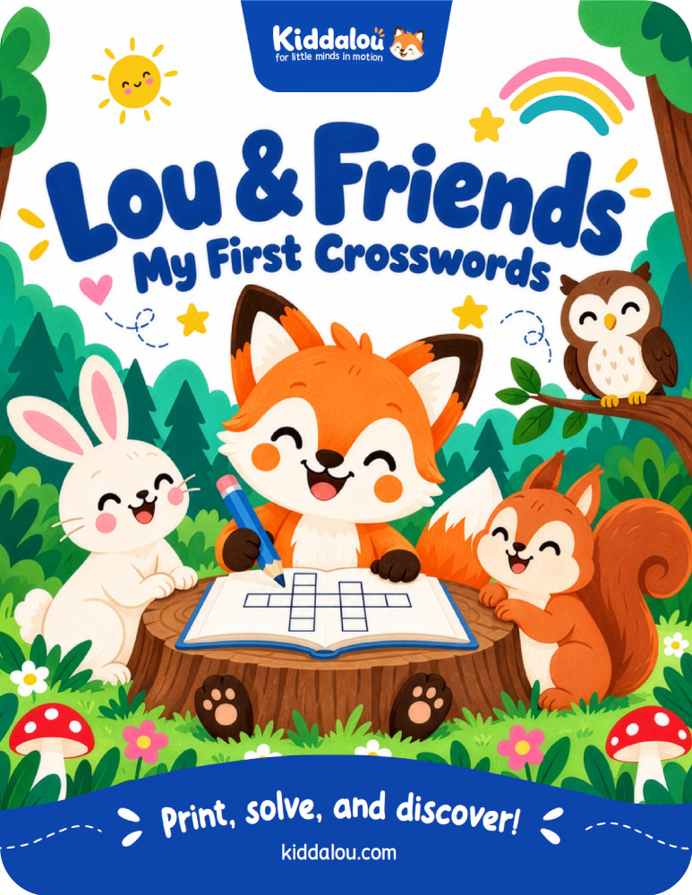 Free printable crossword activity for kids featuring Lou the fox