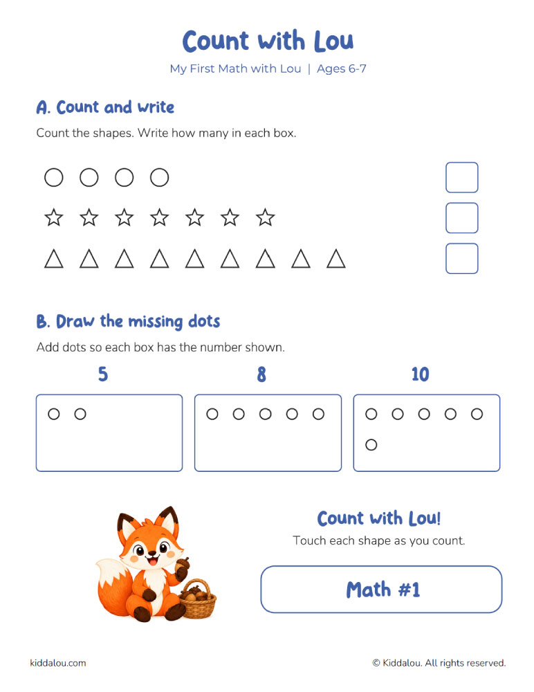 Printable math activity worksheet for kids with early math practice