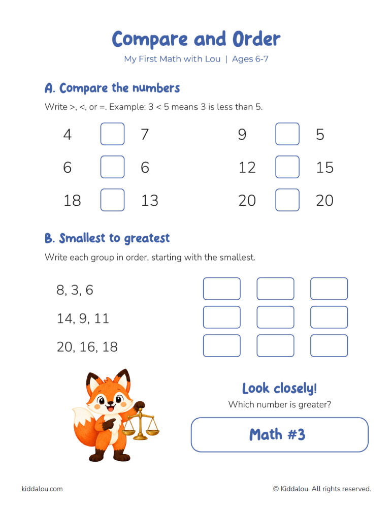 Printable math activity worksheet for kids with early math practice