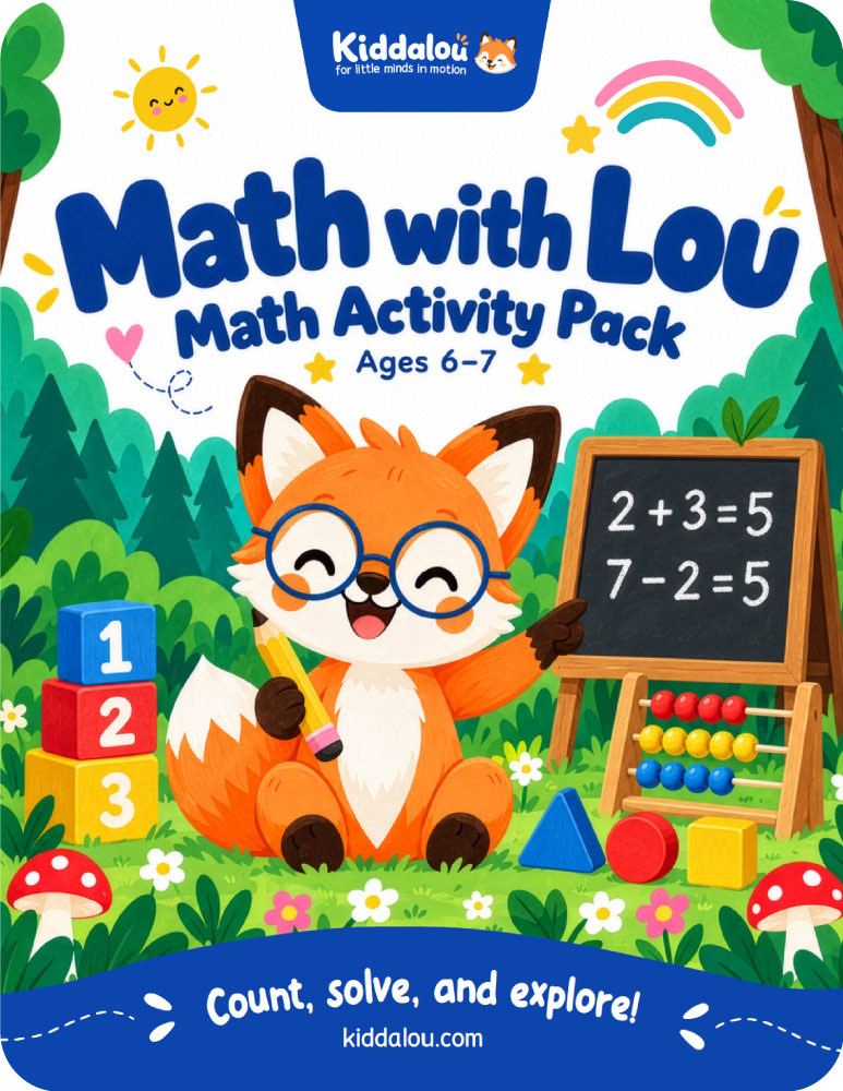 Free printable math activities for kids featuring Lou the fox