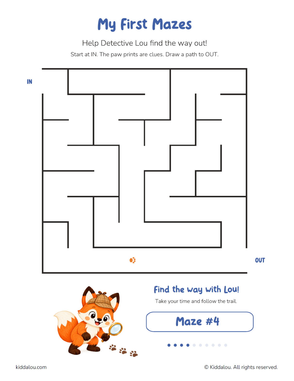 Printable maze puzzle for kids featuring Lou the fox