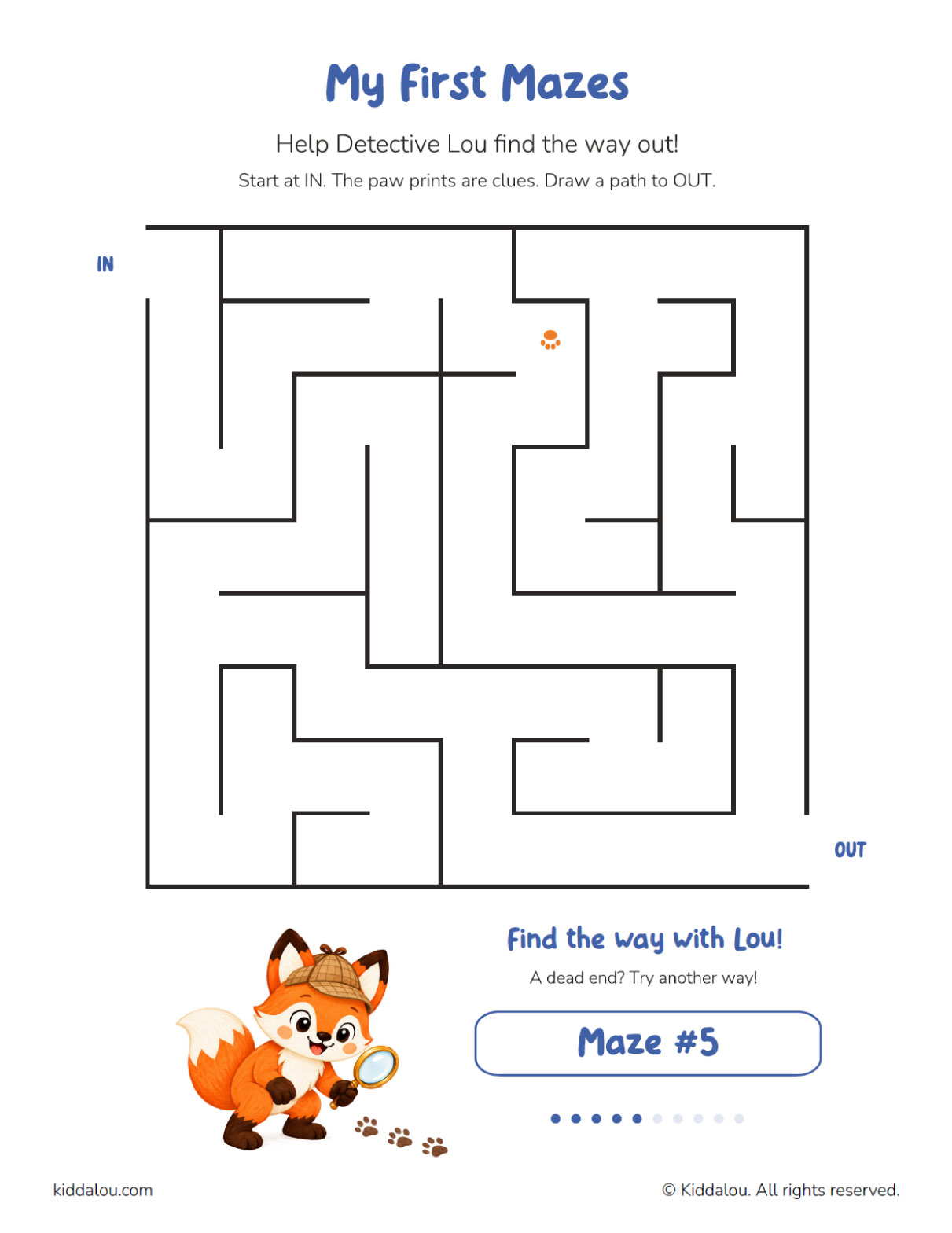 Printable maze puzzle for kids featuring Lou the fox