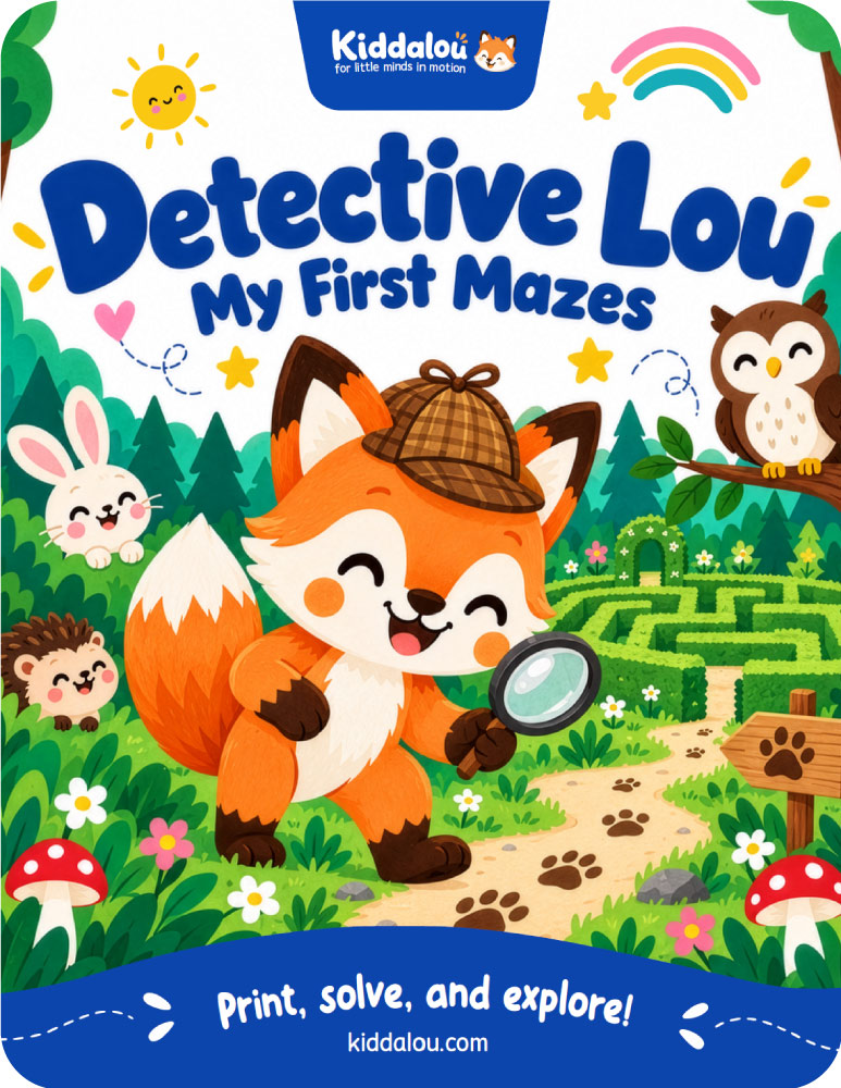 Free printable maze activities for kids featuring Lou the fox