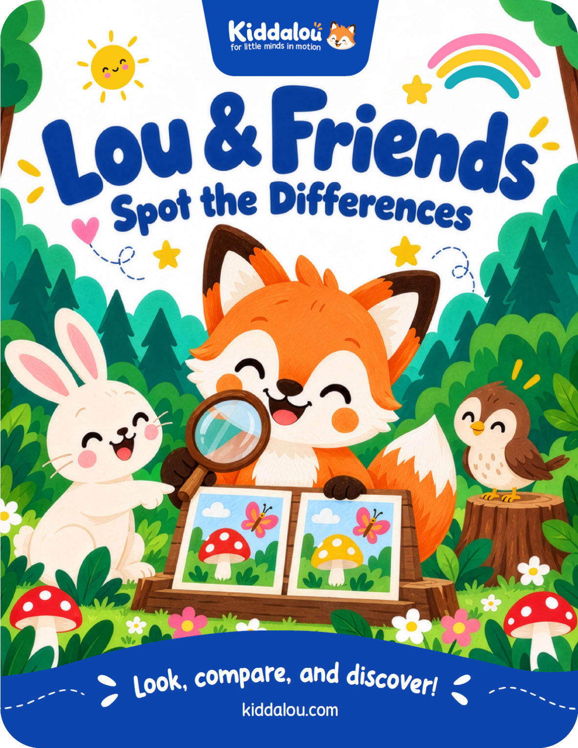 Free spot the difference printable for kids featuring Lou the fox