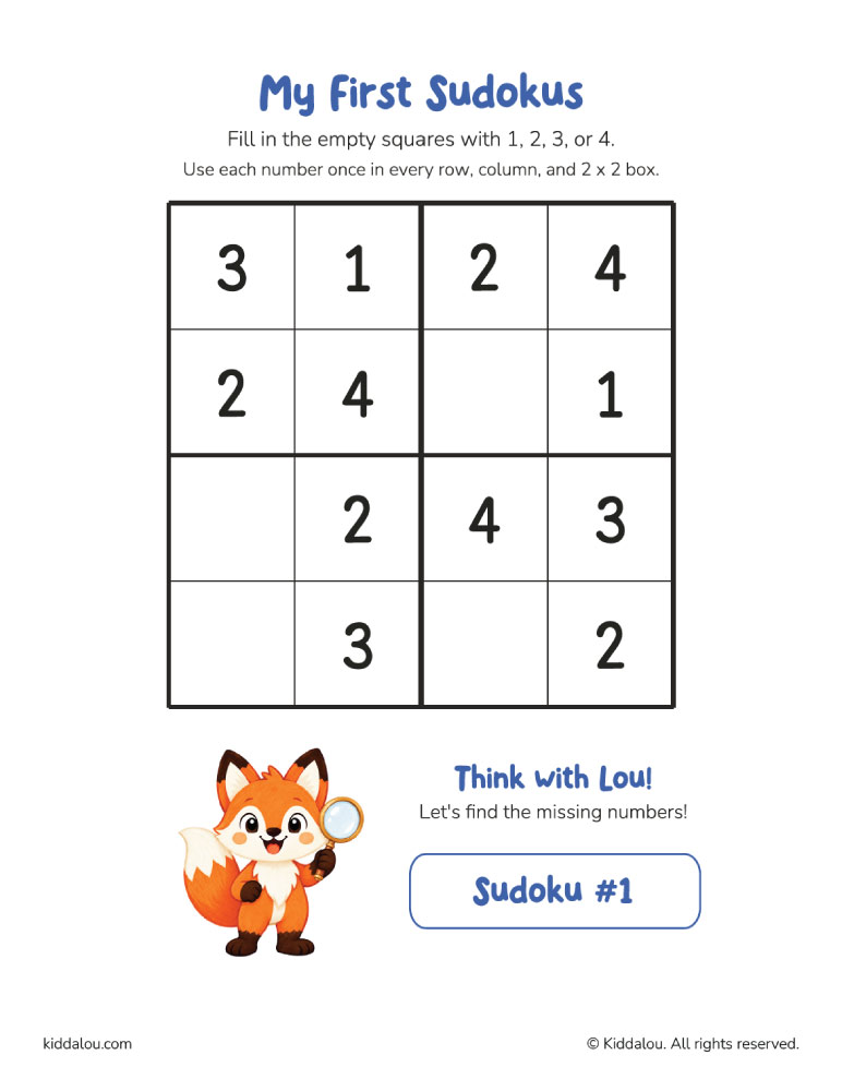 Printable 4x4 sudoku puzzle for kids featuring Lou the fox