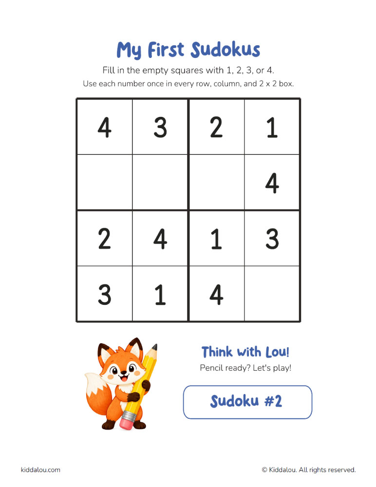 Printable 4x4 sudoku puzzle for kids featuring Lou the fox