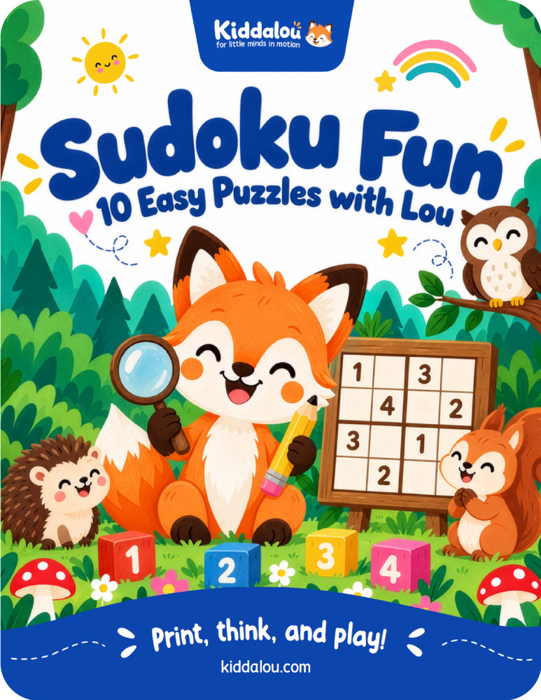 Free printable sudoku activities for kids featuring Lou the fox