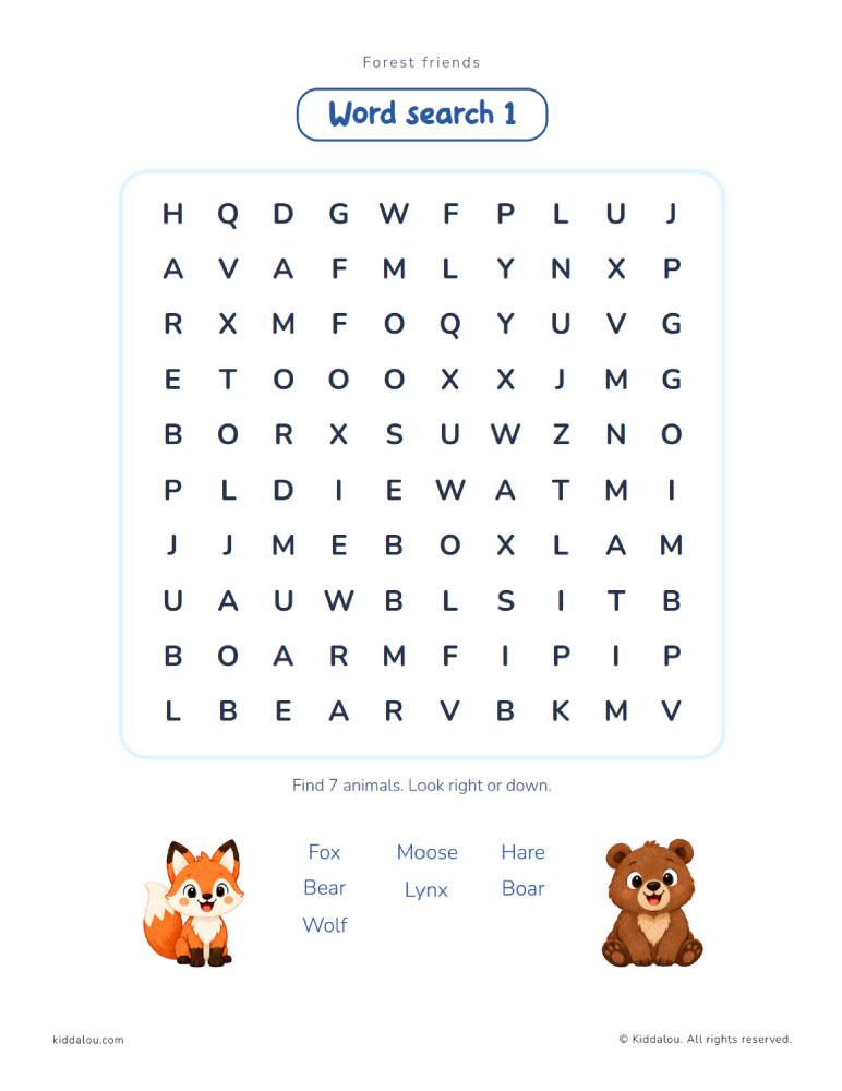 Printable animal word search puzzle for kids