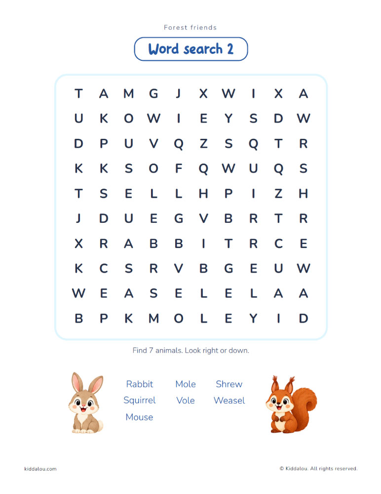 Printable animal word search puzzle for kids