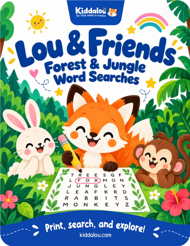Free printable word search activities for kids featuring Lou the fox