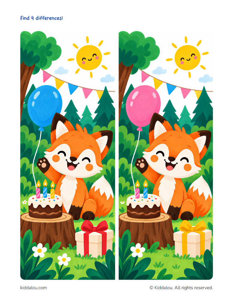 Spot the difference printable puzzle for kids featuring Lou the fox