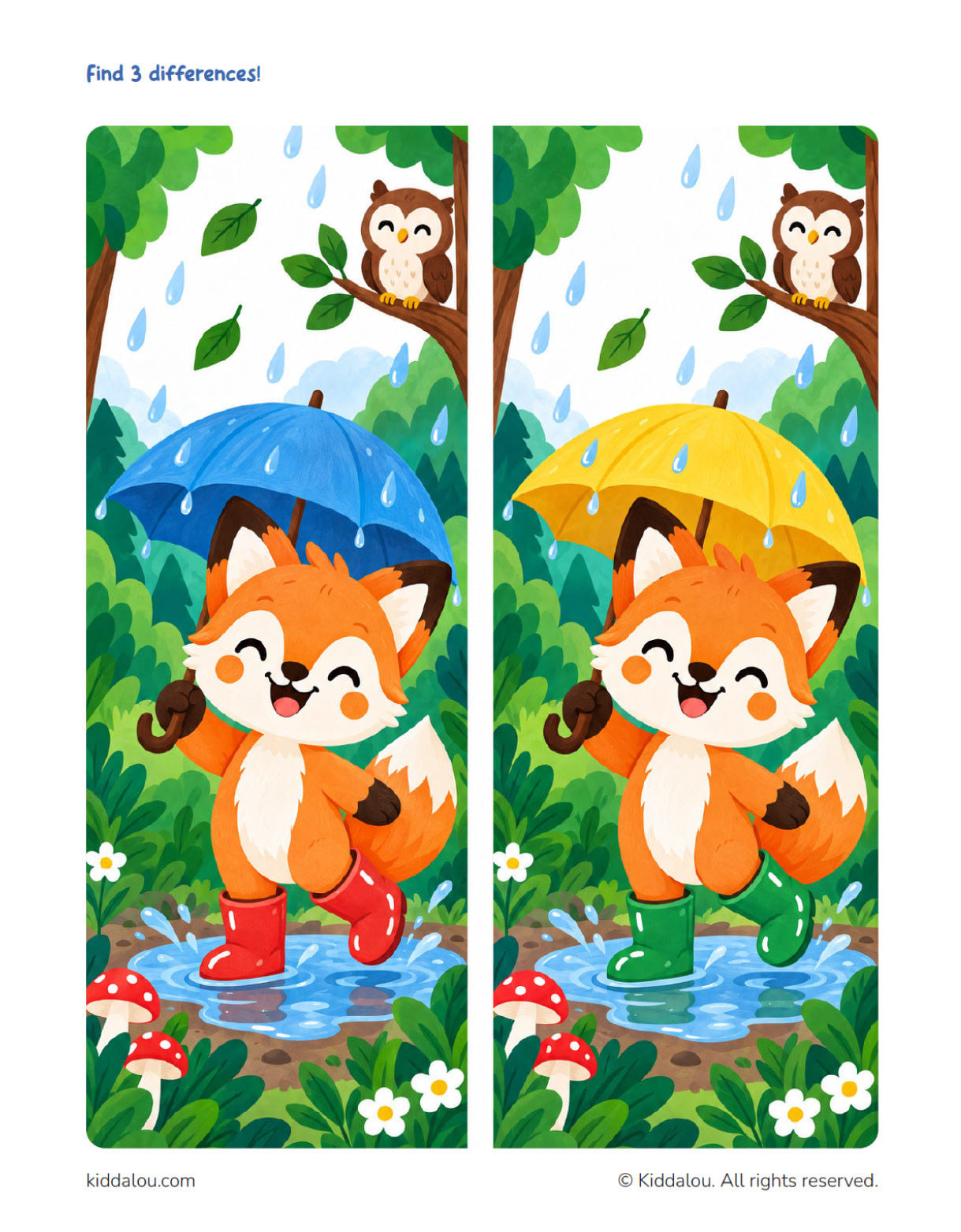 Spot the difference printable puzzle for kids featuring Lou the fox