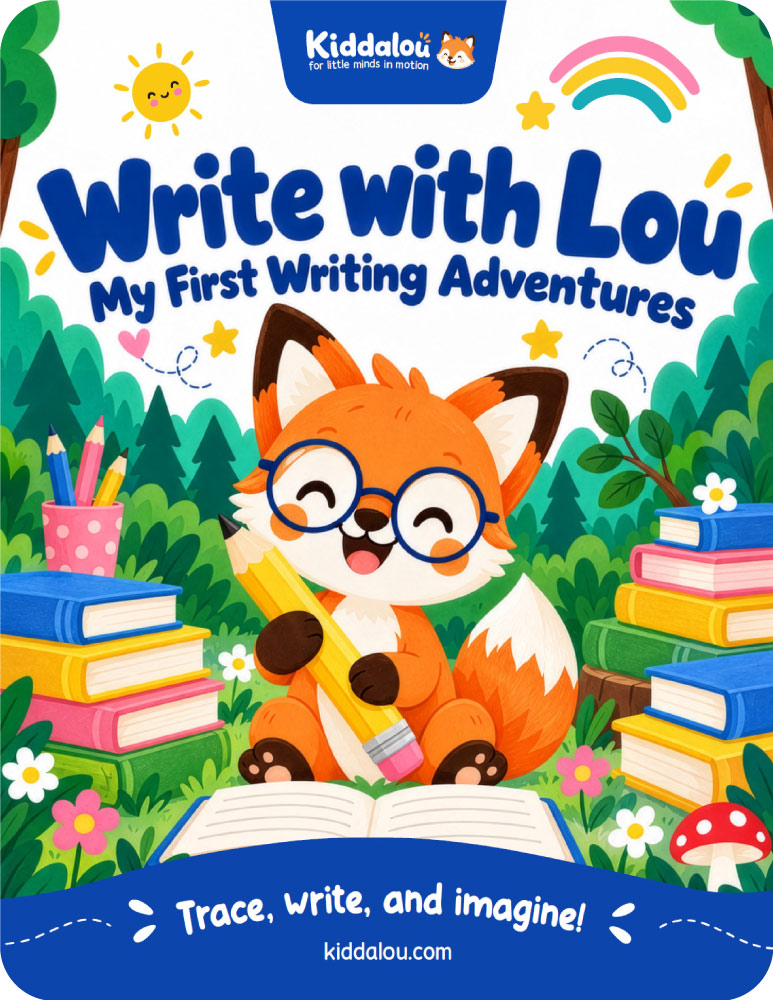 Free printable writing practice for kids cover featuring Lou the fox with a pencil and books