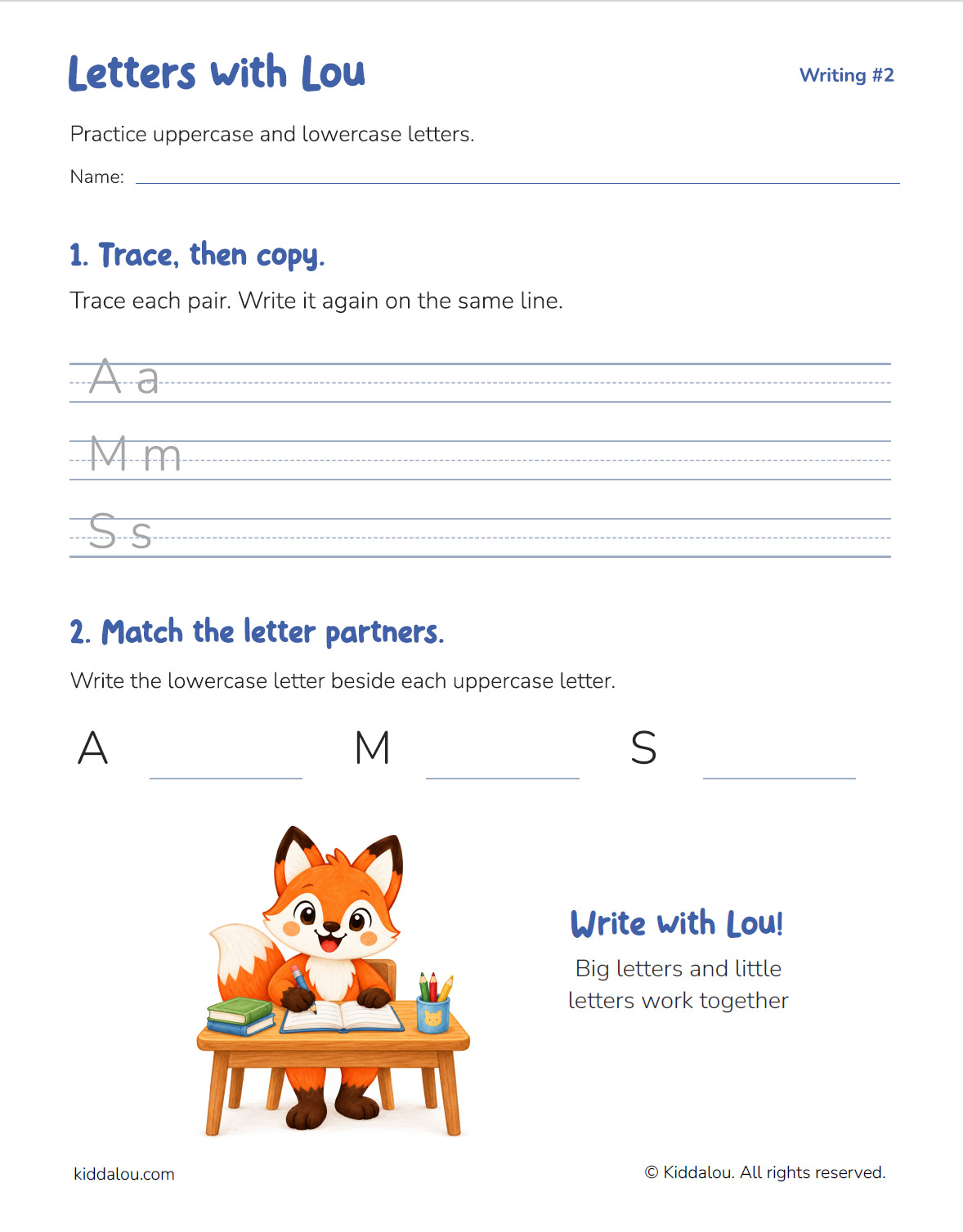 Letters with Lou printable worksheet for uppercase and lowercase letter writing practice