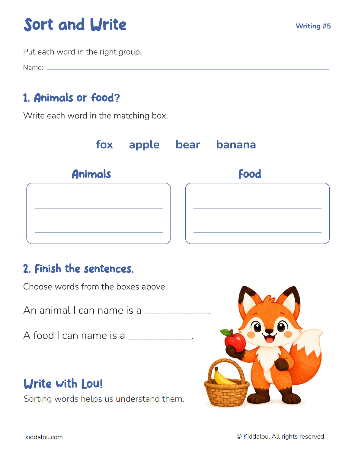 Sort and Write printable worksheet for sorting animal and food words