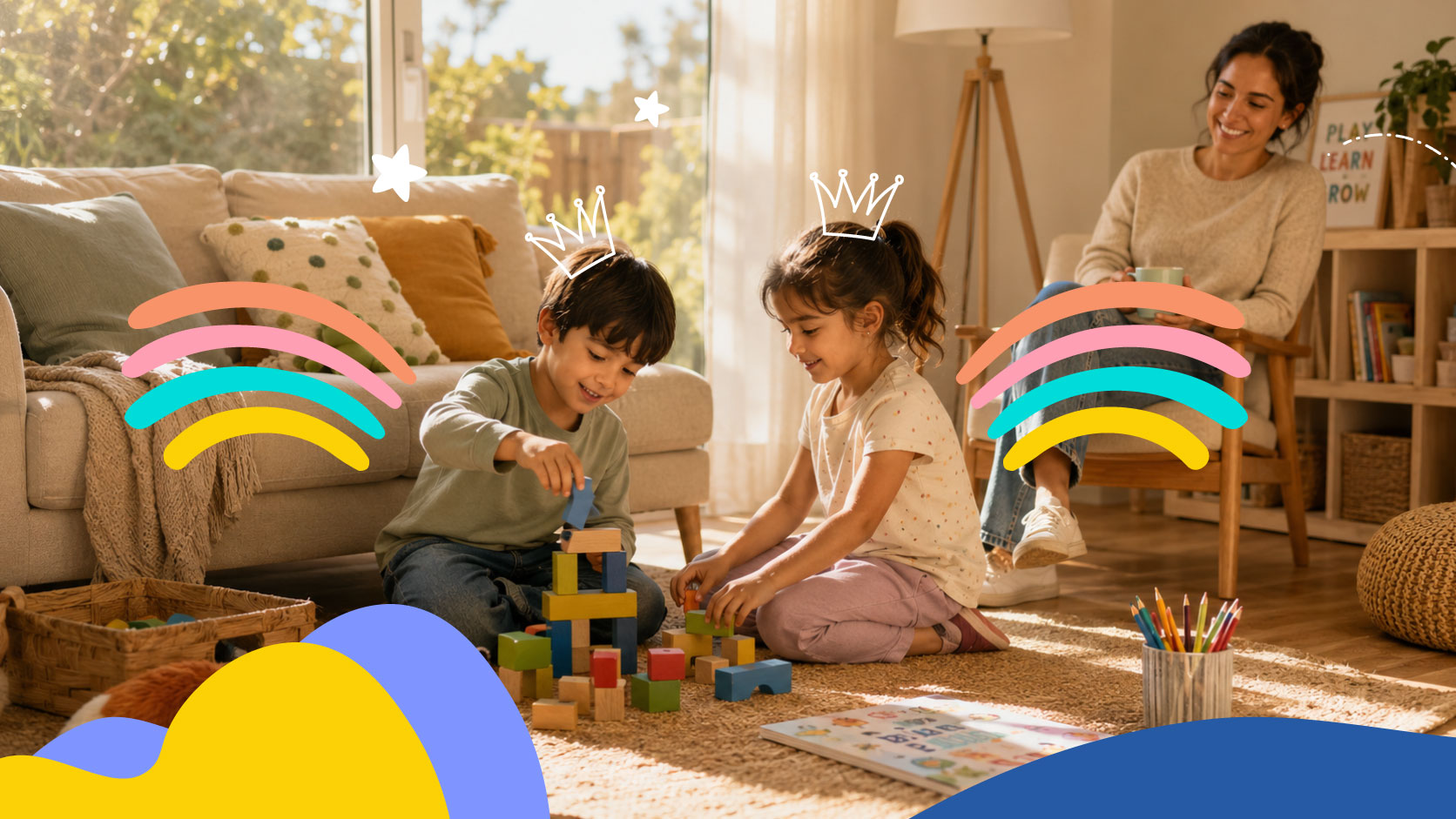 Two children building with wooden blocks on the living-room rug while a parent watches