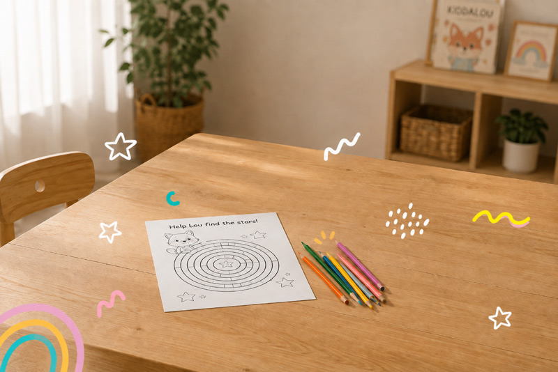 An activity page and pencils left on an empty table