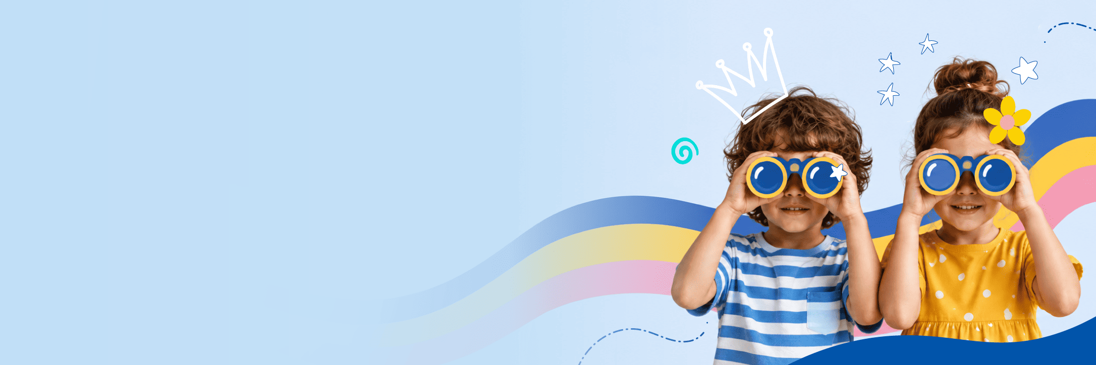 Two kids looking through toy binoculars