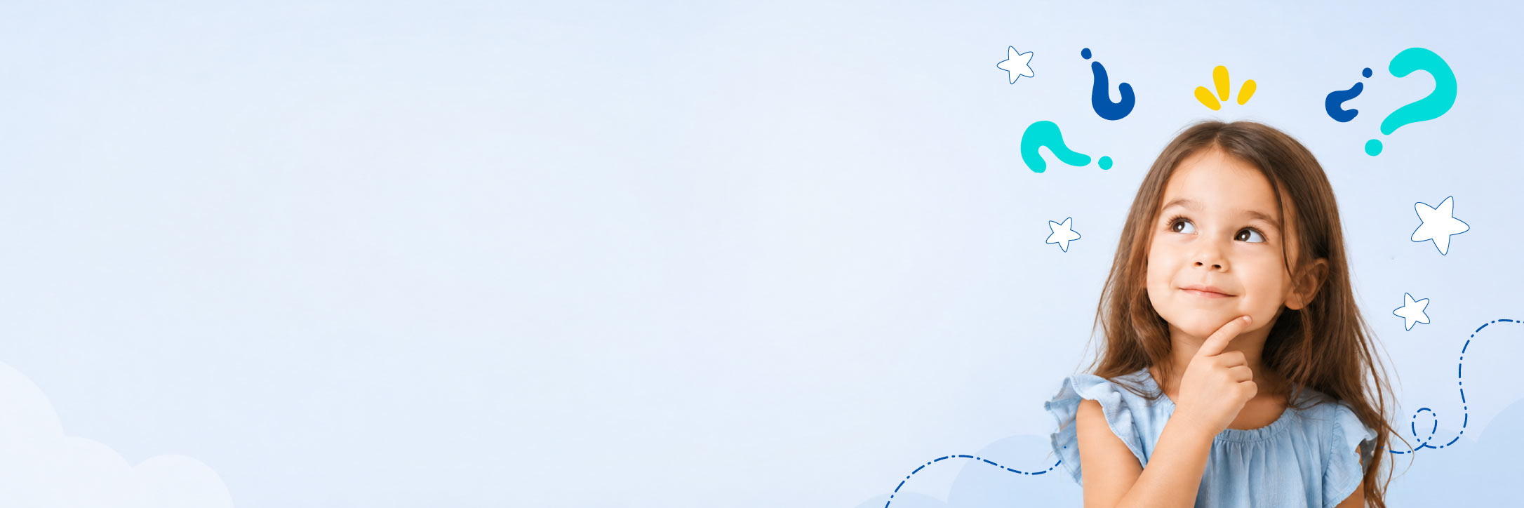 A girl looking up, surrounded by question marks and stars