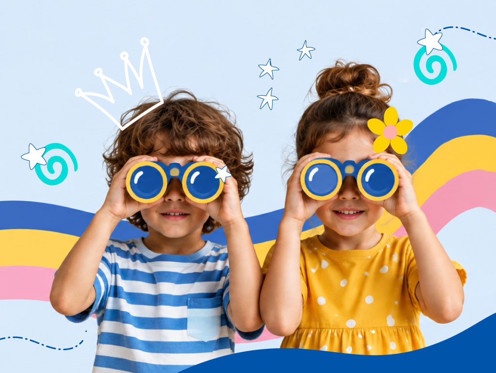 Two kids looking through toy binoculars