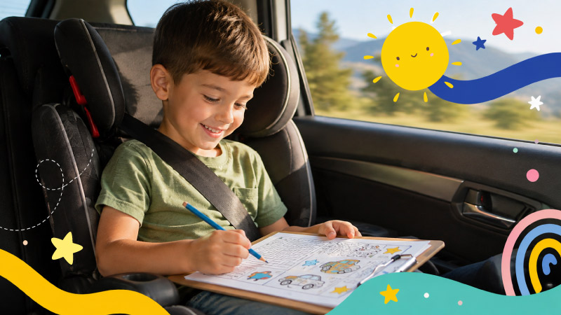 A child drawing on a clipboard in a car seat