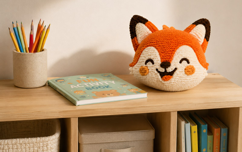 Colored pencils and an activity book on a low shelf