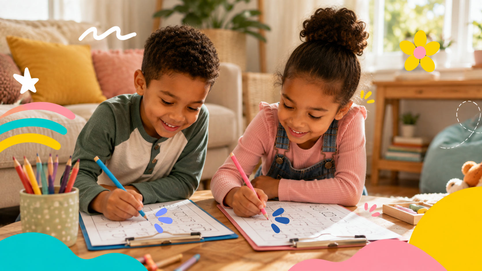Two children practicing letters on clipboards with colored pencils
