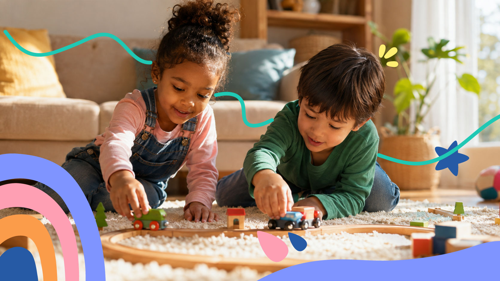 Two children absorbed in building a wooden train track on the rug