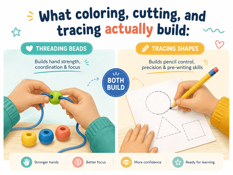 Illustration comparing threading a bead with copying a shape onto paper