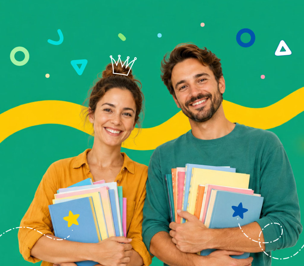 Two parents holding stacks of colorful activity books