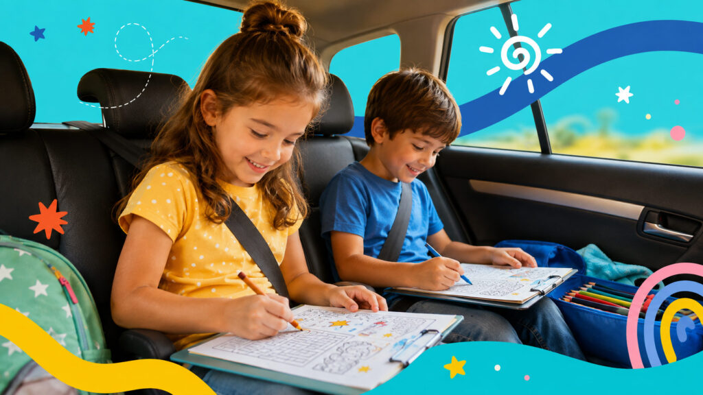 Children drawing in the back seat of a car