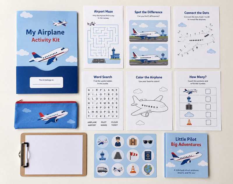 A flat lay of a screen-free plane activity kit