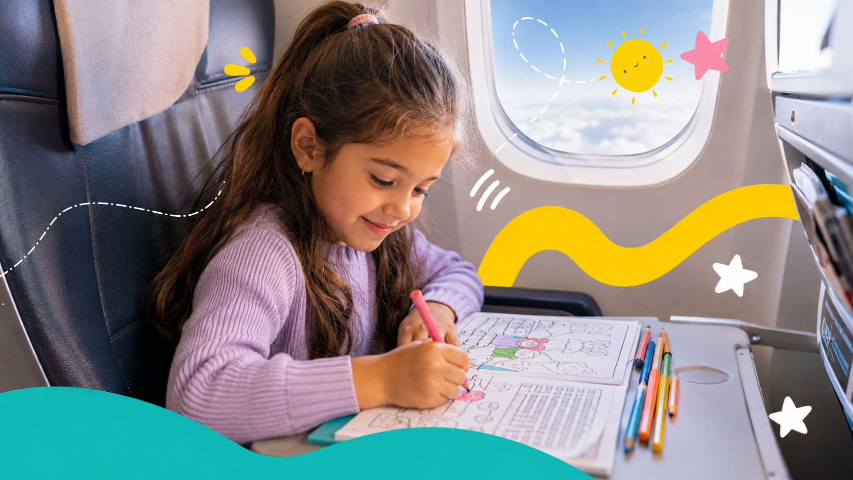 A girl coloring an activity book on an airplane tray table