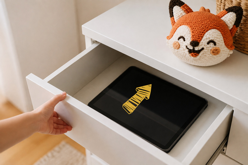A tablet inside a drawer being closed