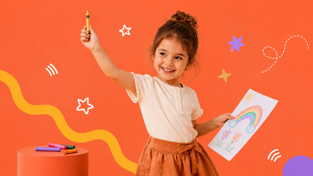A child coloring a printed activity page at the kitchen table