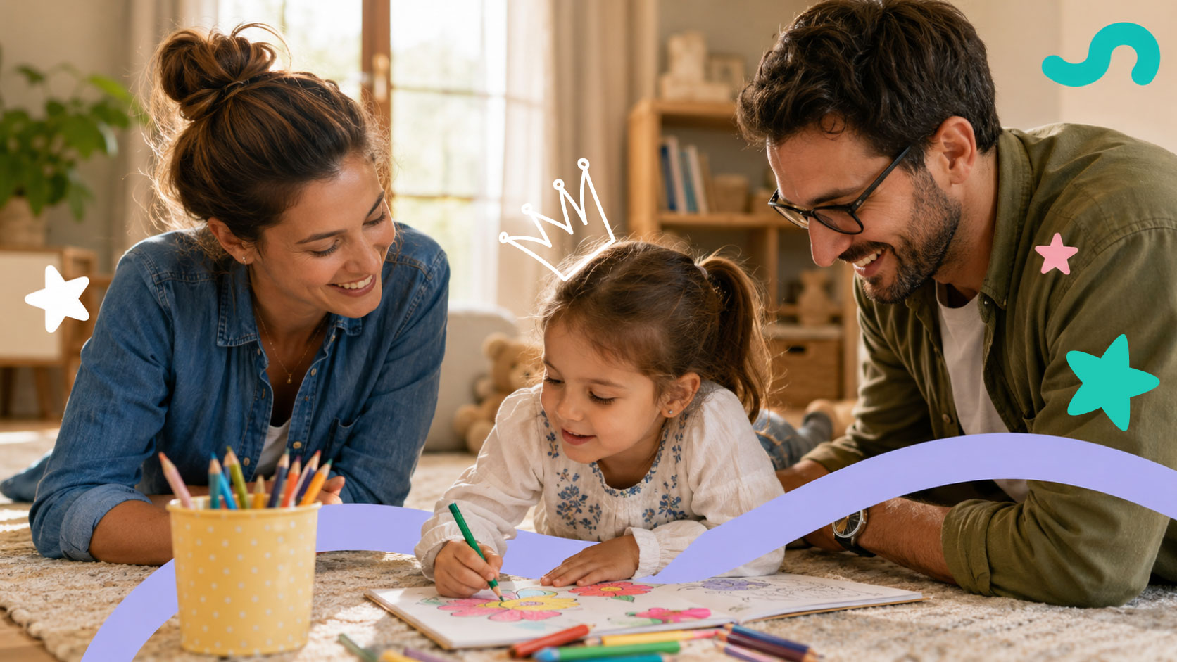 Two parents coloring a flower page on the floor with their daughter