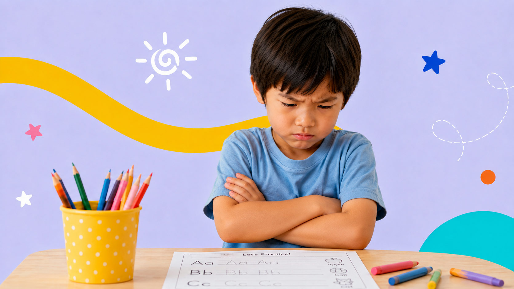 A child at a writing-practice sheet