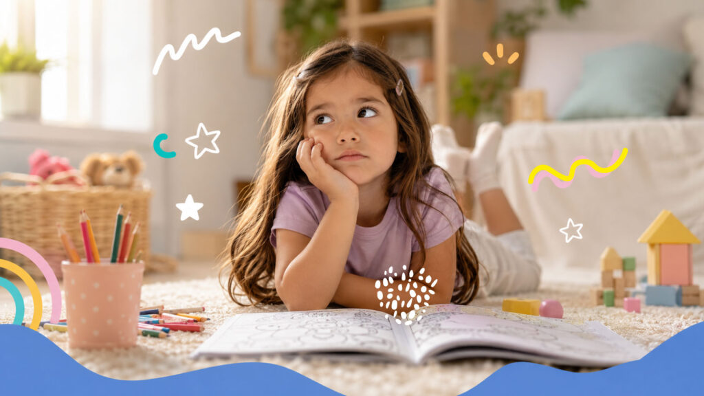 A girl daydreaming over an open coloring book on the floor