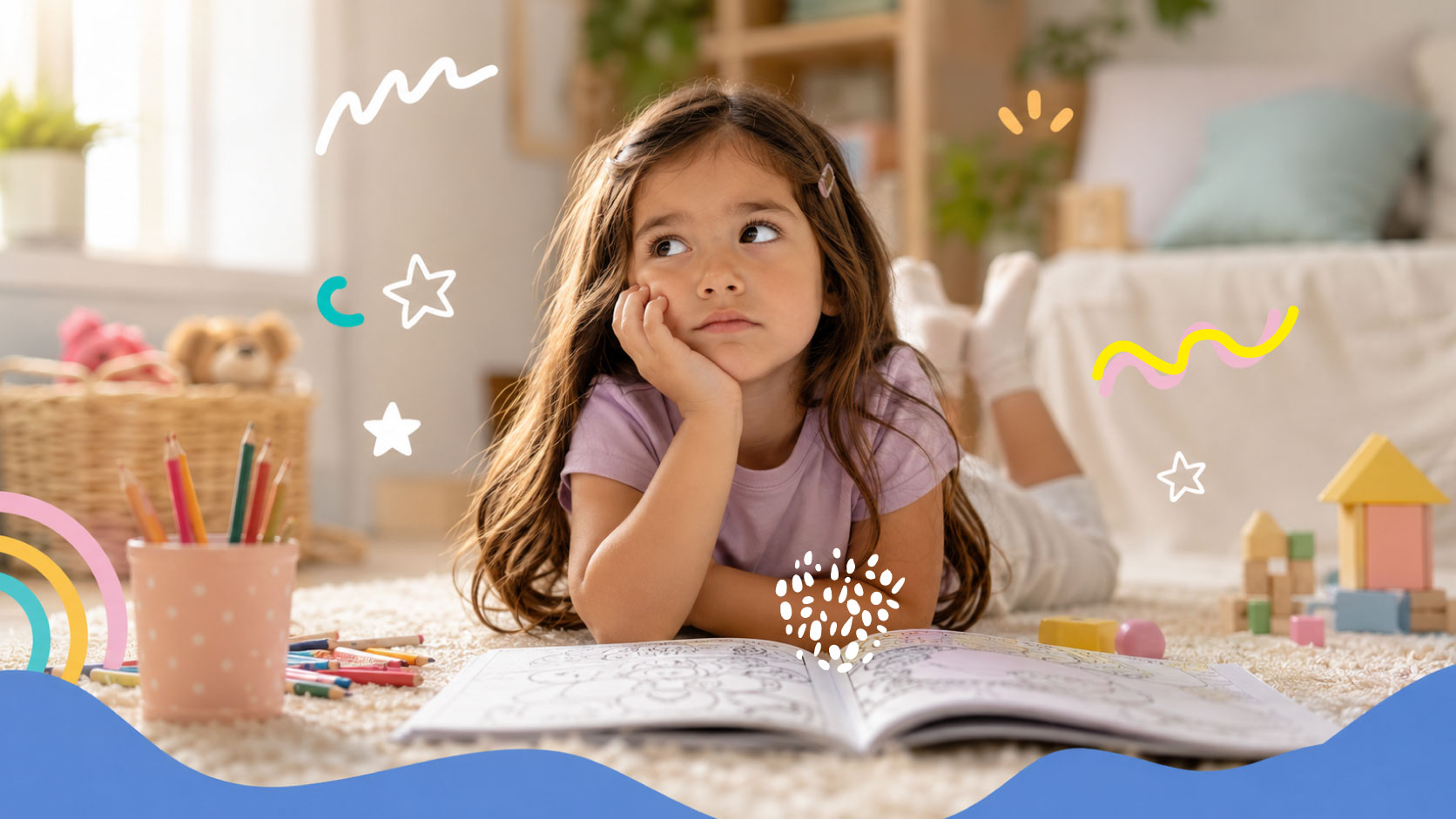 A girl daydreaming over an open coloring book on the floor