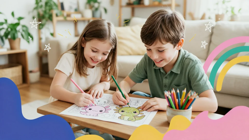 Two children at a coffee table coloring cartoon axolotls with colored pencils, with playful stars and rainbow doodles
