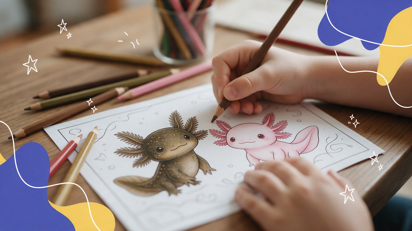A child coloring two cartoon axolotls: a wild-type one in olive brown with gold speckles and a pale pink leucistic one with red gills
