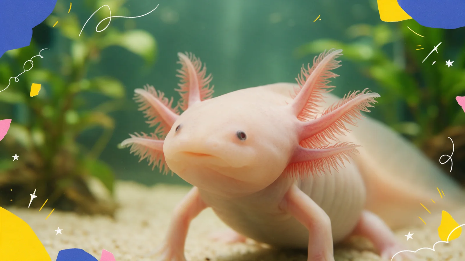 Close-up of a pink axolotl underwater, showing three feathery external gills on each side of its head