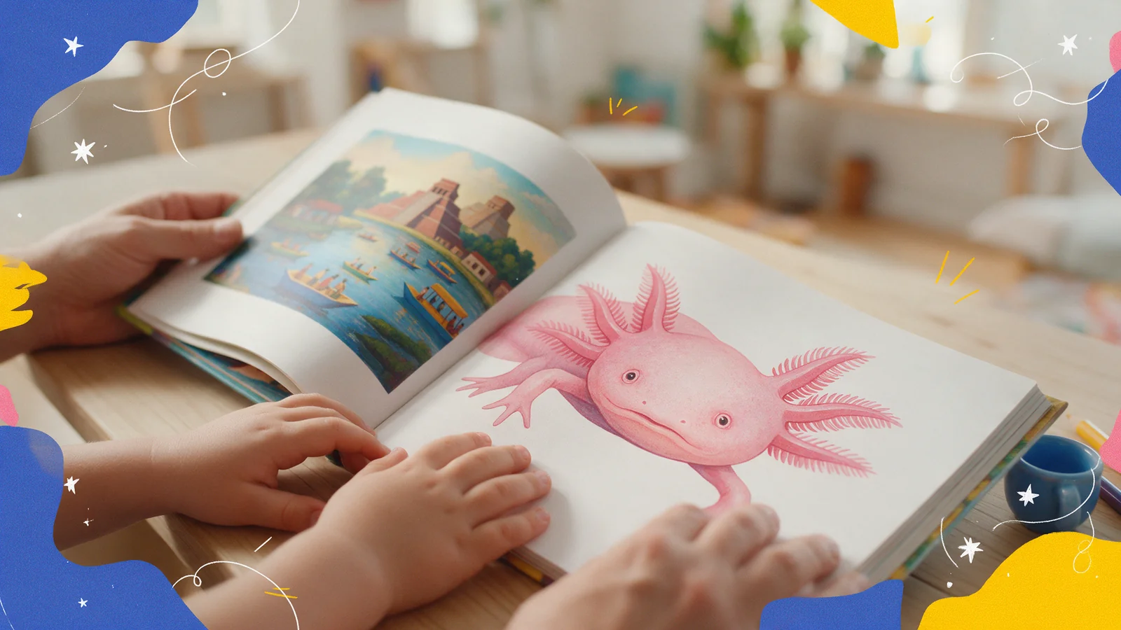 A child and an adult exploring an illustrated book about axolotls and their Mexican roots