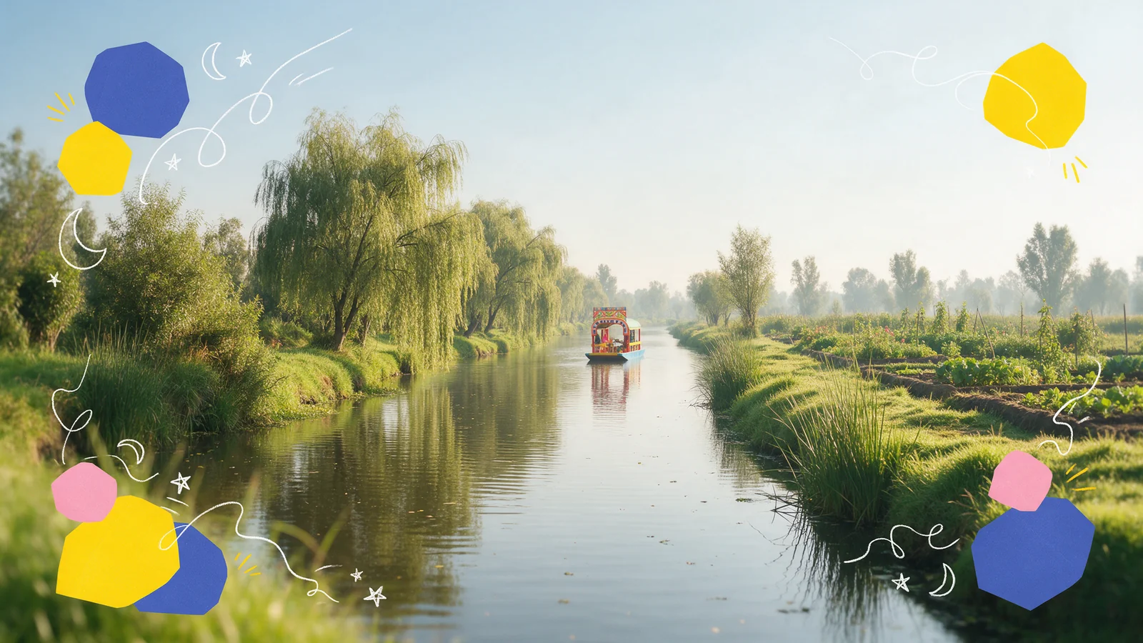 Realistic illustration of a Xochimilco canal with chinampa gardens and a colorful trajinera boat